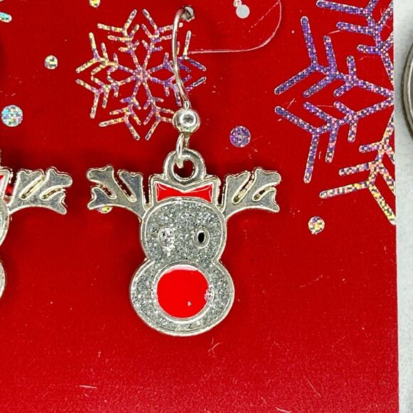 Glitter Rudolph Reindeer Christmas Dangle Earrings Pierced Pair - Picture 7 of 7